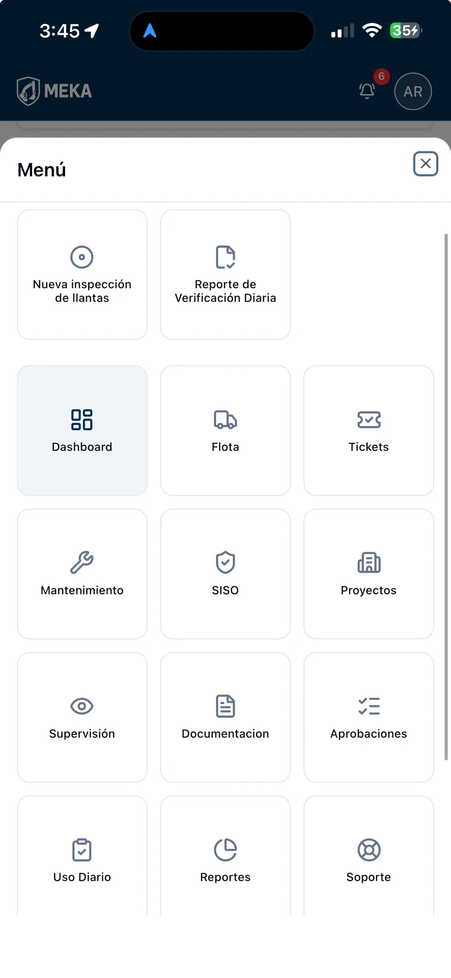 Menú de módulos de la app móvil de MEKA