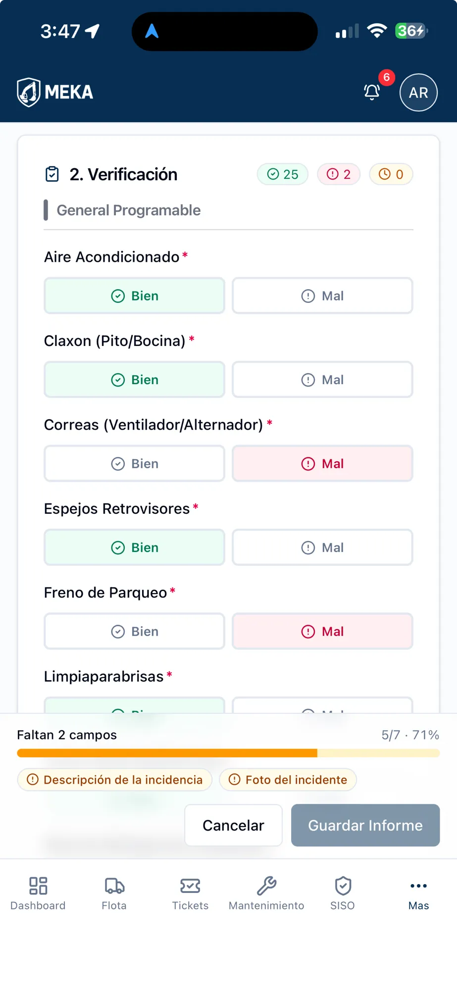 Reporte de verificación diaria en el celular